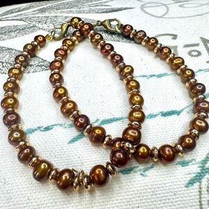 Set of 2 Bronze Freshwater Pearl & Gold Hematite Bracelets | Stacking Jewelry